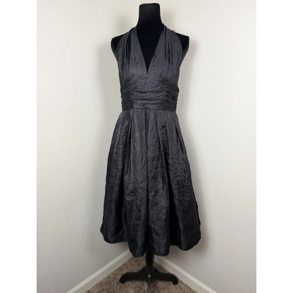 Adrianna Papell Black Halter Cocktail Dress Size 12 Pleated Satin Fit & Flare - Picture 1 of 13